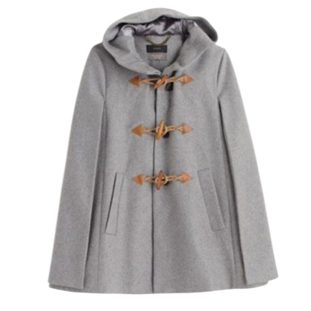 J. Crew Gray Wool Toggle Hooded Cape Coat with Tan Leather Accents